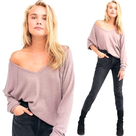 Free People Tops - Free People Santa Clara Waffle Knit Thermal Tee Top Mauve Oversized Size Small